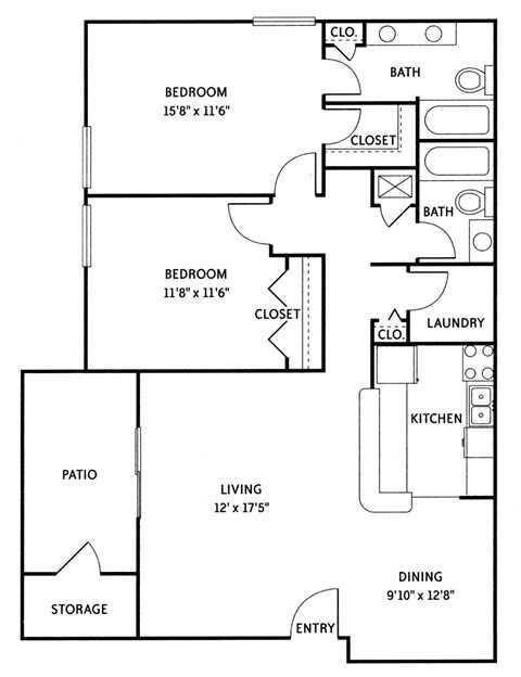 Floor plan for 2 beds, 2 baths, 1330 sqft